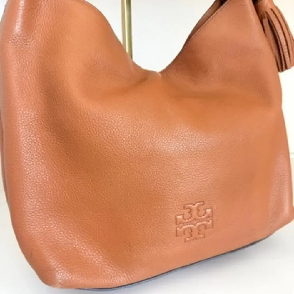 Tory Burch Thea Small Slouchy Hobo Caramel Pebbled Leather Tassel Bag Luxury‎
